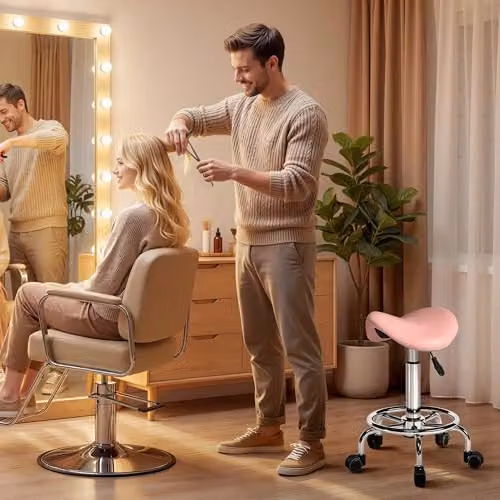 HOMCOM Pink PU Leather Adjustable Rolling Saddle Stool for Spa and Salon – 7
