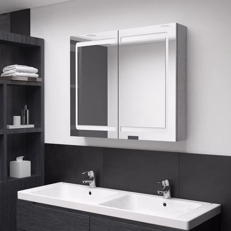 Berkfield Home LED Bathroom Mirror Cabinet in Concrete Grey, W/D/H: 80 x 12 x 68 cm