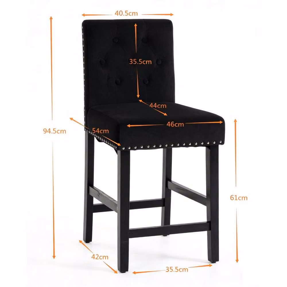 EONLION Black Velvet Fixed Bar Stools with Button Stud Detail, Height: 100 cm – 2