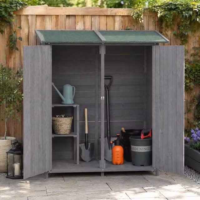 STILVORA Grey Pent Garden Shed with Shelving and Removable Table, W/D/H: 139.0 x 124.5 x 160.0 cm