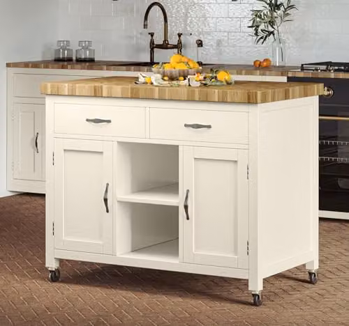 baumhaus Kitchen Island in Beige with Oak Butcher Block, W/D/H: 90 x 65 x 90 cm – 2