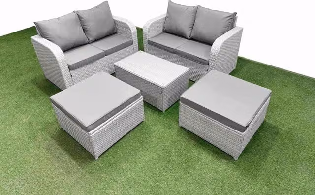 Fimous 6 Seater Rattan Garden Furniture Set in Light Grey with Outdoor Coffee Table and Ottoman