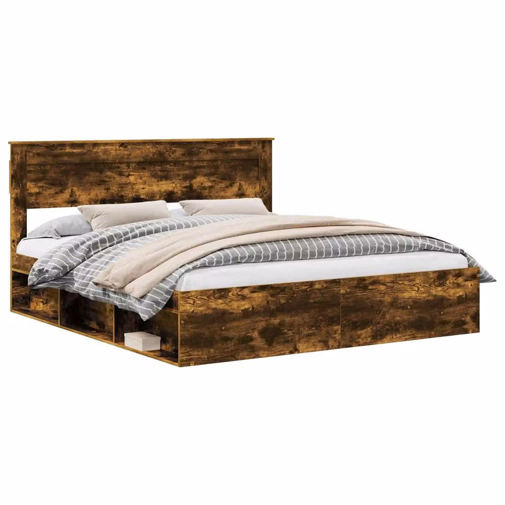 Berkfield Home Modern Bed Frame in Smoked Oak and Brown Solid Pine Wood, W/D/H: 180 x 200 cm – 2