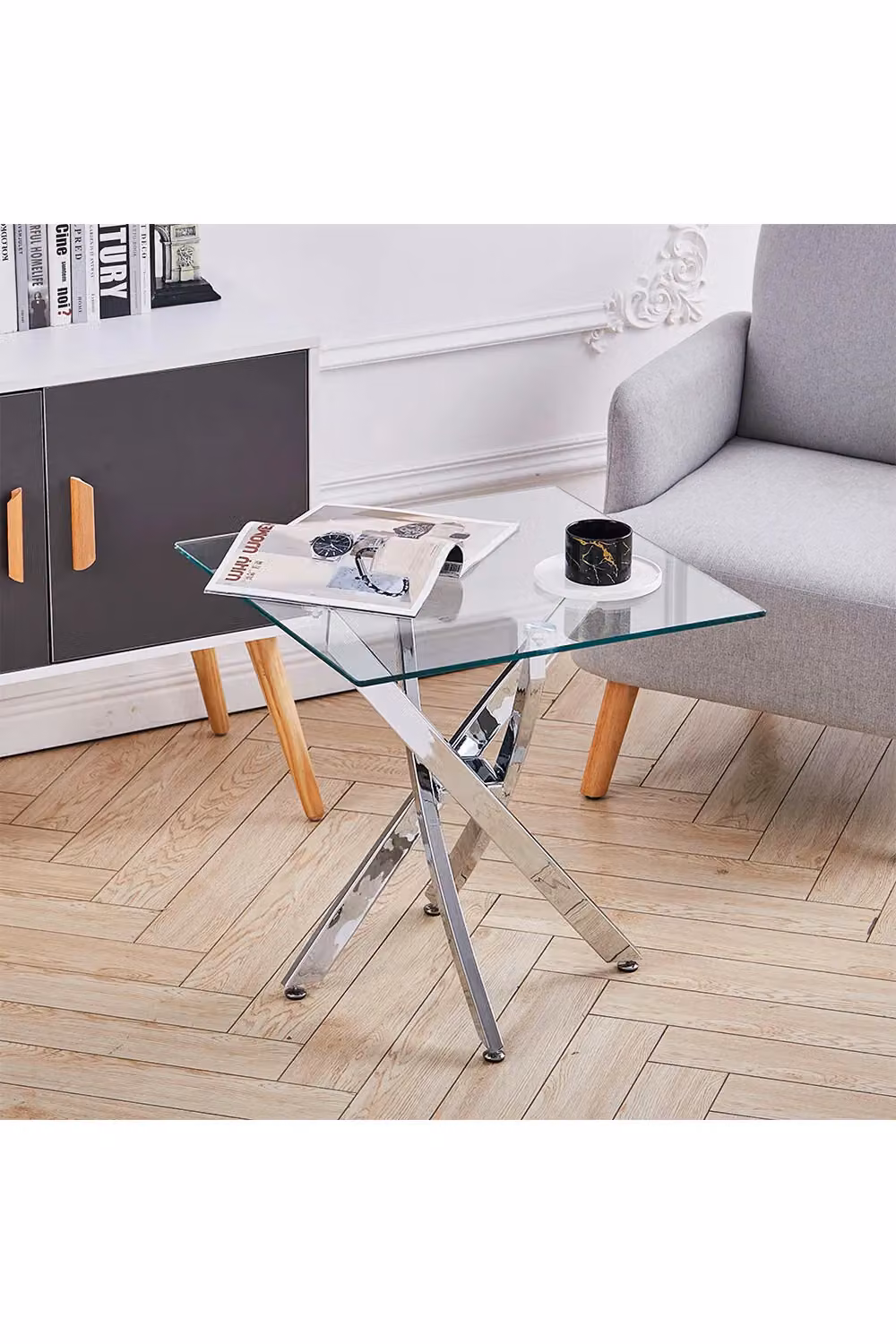 Living and Home Modern Square Tempered Glass Coffee End Table with Chrome Cross Legs in Transparent – 2