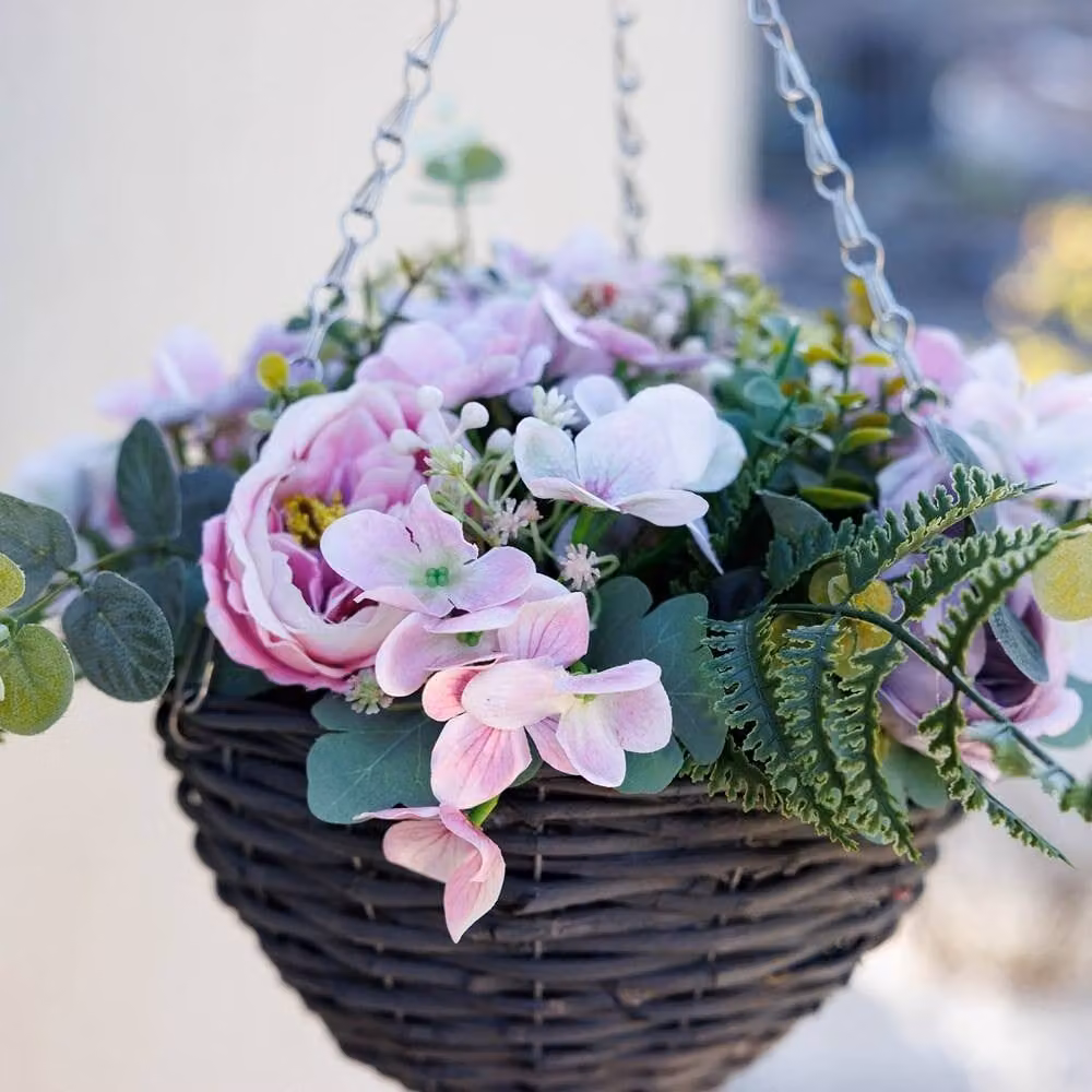 Primrose Pink and Brown Artificial Peonies and Hydrangeas Hanging Floral Arrangement in a Round Wicker Basket, Diameter: 32 cm – 2
