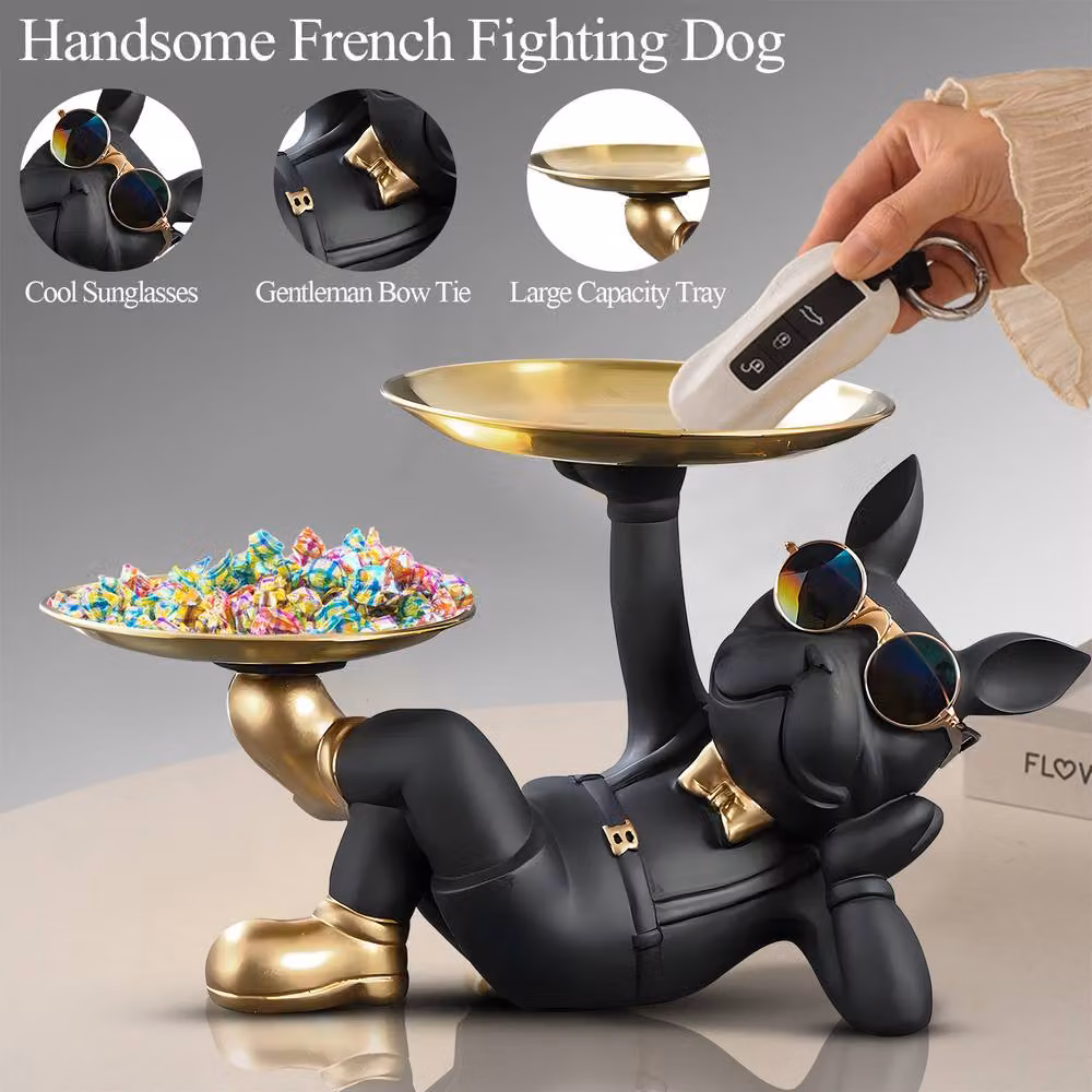 Huhote Black Lying French Bulldog Statue with Tray for Tabletop Decor – 3