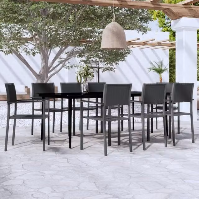 Berkfield Home 9 Piece Modern Garden Dining Set in Matt Black Powder Coated Steel with Glass Tabletop