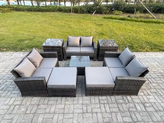 Fimous Outdoor Lounge Sofa Set in Dark Grey PE Rattan with Square Coffee Table, Double Seater Sofa and Ottoman
