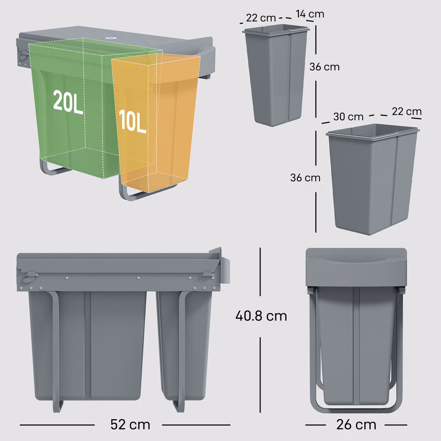 HOMCOM 2-Compartment Under-Sink Kitchen Recycling Bin with Removable Buckets and Diamond Pattern Flip Lid, Grey – 3