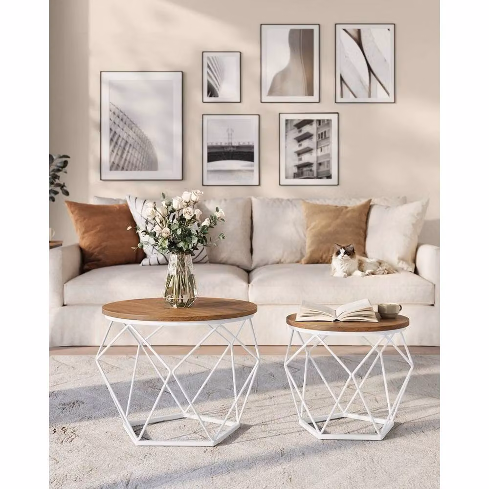 KORVIXA Set of 2 Round Geometric Coffee and Side Tables in Honey Brown and Cloud White, W/D/H: 100 x 100 x 100 cm – 2