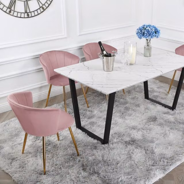 Atlas Marble Dining Table with Four Pink Velvet and Gold Mill Chairs