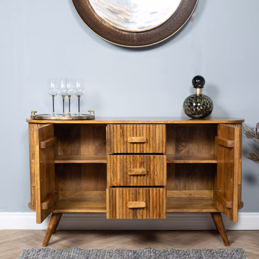Elm Home And Garden Mid Century Solid Mango Wood Sideboard Cabinet with 3 Drawers in Natural Brown – 2