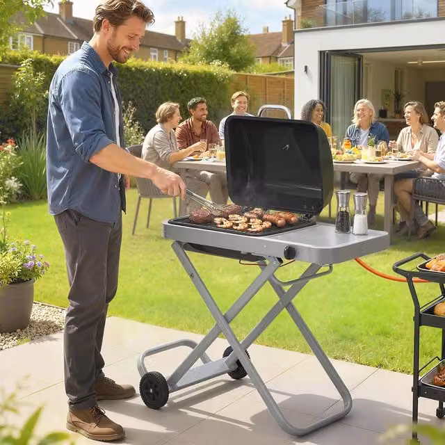 OUTSUNNY Foldable Gas BBQ Barbecue Grill with Side Table and Wheels, Black, 2.5 kW – 1