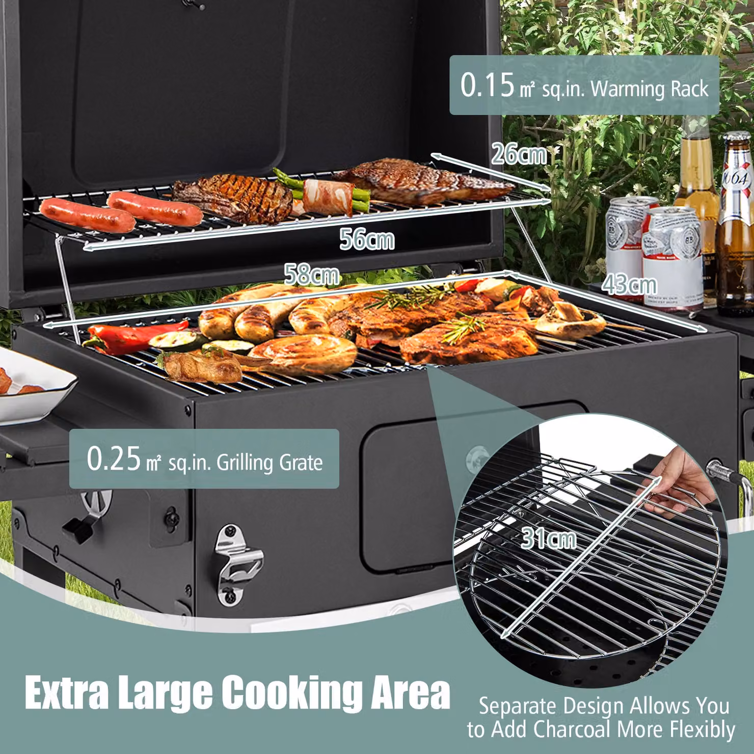 Costway Charcoal BBQ Smoker Combo with 2 Wheels and 2 Foldable Side Tables, Black, W/D/H: 128 x 46 x 117 cm – 3