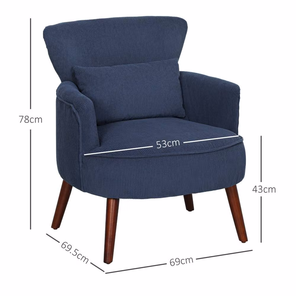 ERGOVEXA Blue Corduroy Retro Tub Accent Chair with Armrests and Solid Wood Frame, W/D/H: 78.0 x 69.0 x 69.5 cm – 2