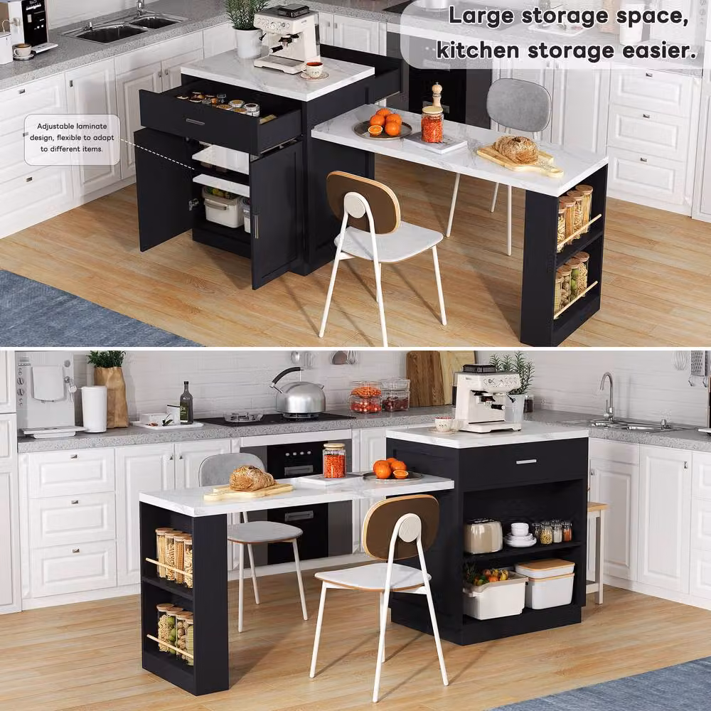 Merax Kitchen Island Cabinet with Extendable Dining Table and Charging Station in Black – 5