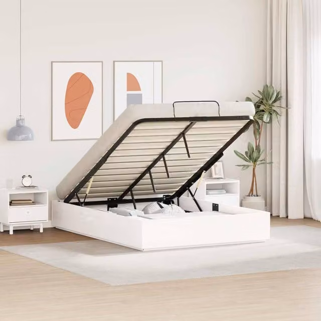 Berkfield Home White Ottoman Bed Frame with Storage and Lift Up Base, W/D/H: 150 x 200 cm – 1