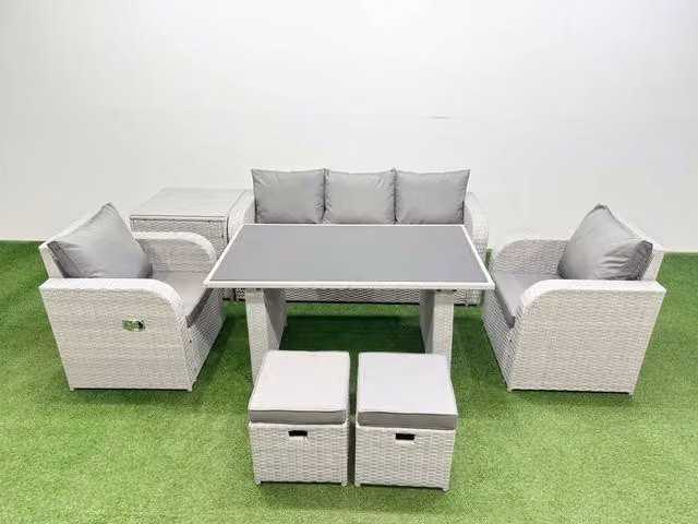Fimous 7-Seater Outdoor Rattan Garden Furniture Dining Set with Side Table in Light Grey