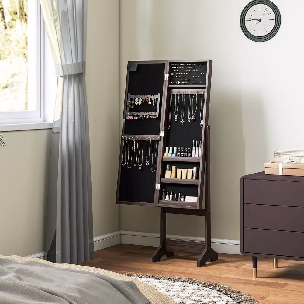 STILVORA Modern Jewellery Storage Cabinet with LED Lighting and Glass Doors in Brown – 8