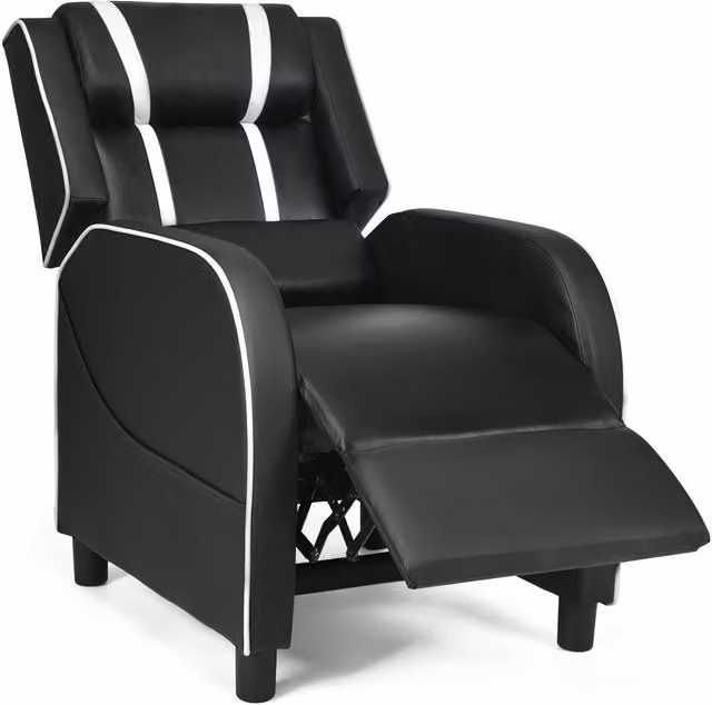 Gymax White PU Leather Single Recliner Sofa Gaming Chair with Adjustable Footrest and Headrest