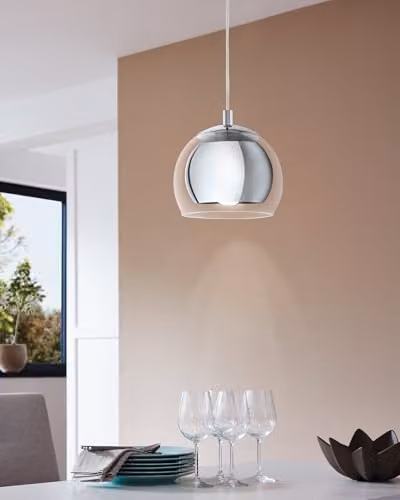 Eglo Rocamar Modern Round Glass and Metal Pendant Light in Silver and Chrome – 2