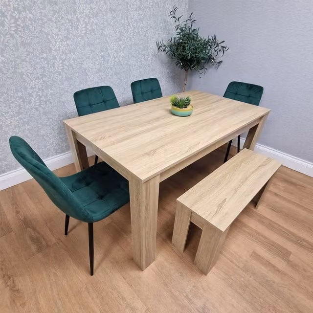 KOSY KOALA Oak Effect Dining Table Set with 4 Green Velvet Chairs and Bench in Brown – 1