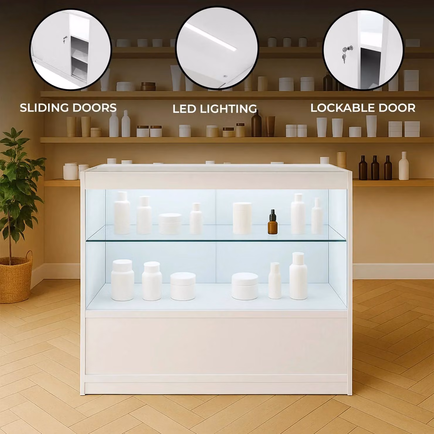 Monstershop C900 LED Retail Shop Counter in White with Glass Sliding Doors and Integrated Lighting – 2