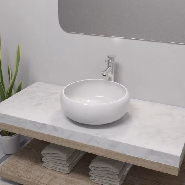 Berkfield Home Round Ceramic Bathroom Basin with Mixer Tap, White