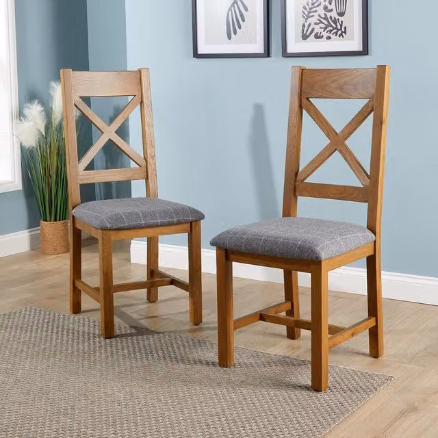 Home Source Pair of Holcombe Smoked Oak Cross Back Dining Chairs with Grey Checked Fabric Seats