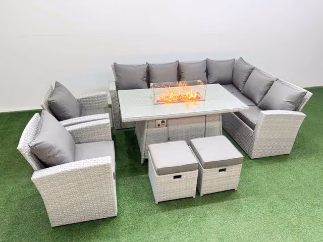 Fimous Outdoor Garden Dining Set with Gas Firepit Table and 2 Footstools in Light Grey