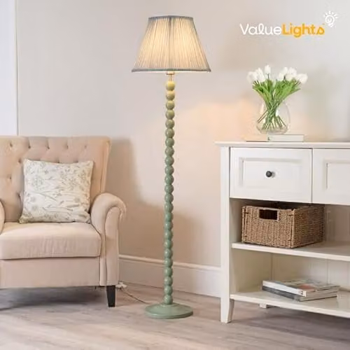 ValueLights Bobbin Sage Green Wood Floor Lamp with Pink Fabric Pleated Shade – 2