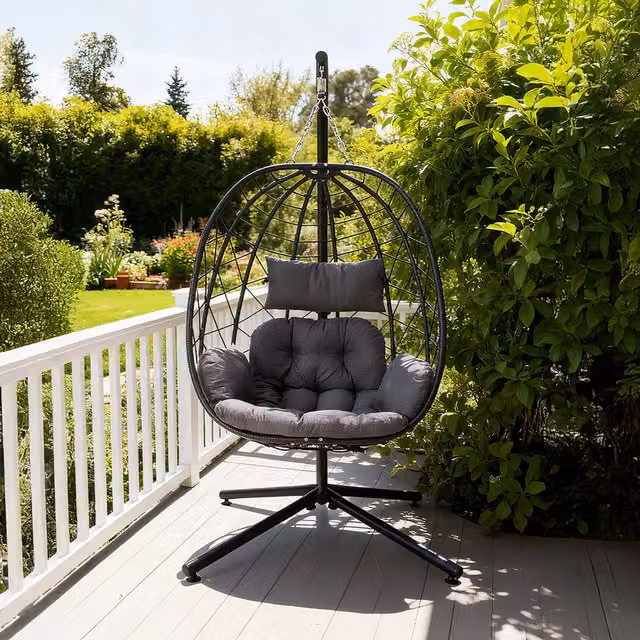 Livingandhome Modern Black Rattan Garden Hanging Egg Chair with Cushion and Headrest