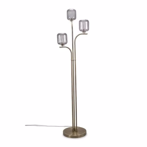 ValueLights Gold 3 Arm Free Standing Floor Lamp with Smoked Ribbed Glass Shades and Bulb Included – 1
