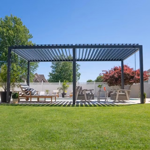 Backyard Discovery Sarasota Louvered Steel Outdoor Patio Pergola with Powerport, Black, W: 596.27 cm, D: 252.73 cm