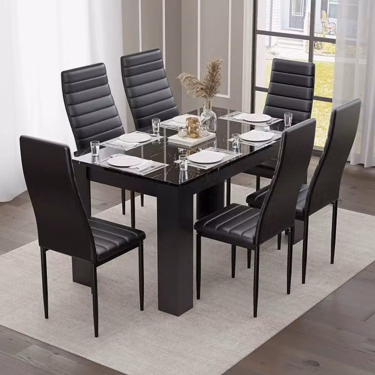 DHS Modern 6 Seater Dining Table and Chairs Set with Gloss Black Marble Finish and Abstract Design