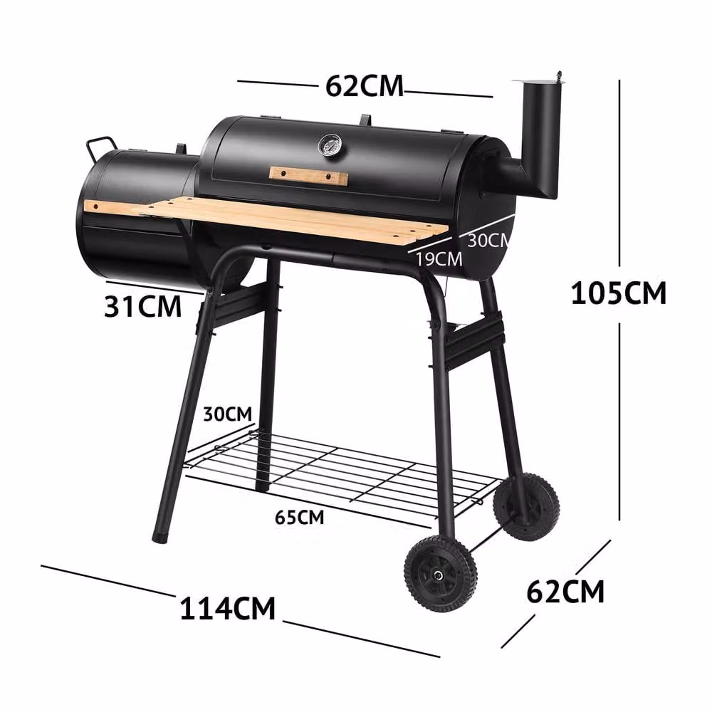 Costway Black Steel Charcoal BBQ Grill and Offset Smoker with Thermometer and Wheels, W/D/H: 105 x 62 x 62 cm – 2