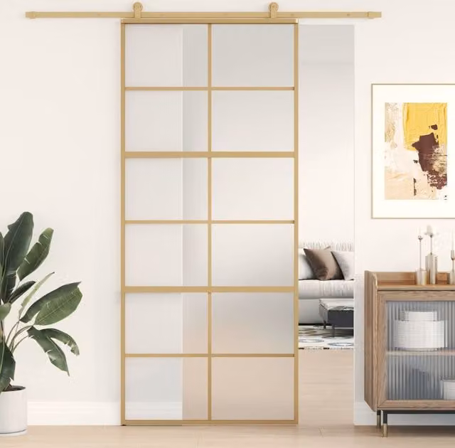Berkfield Home Modern Sliding Door in Gold with Frosted ESG Glass and Aluminium, W: 90 cm, H: 205 cm