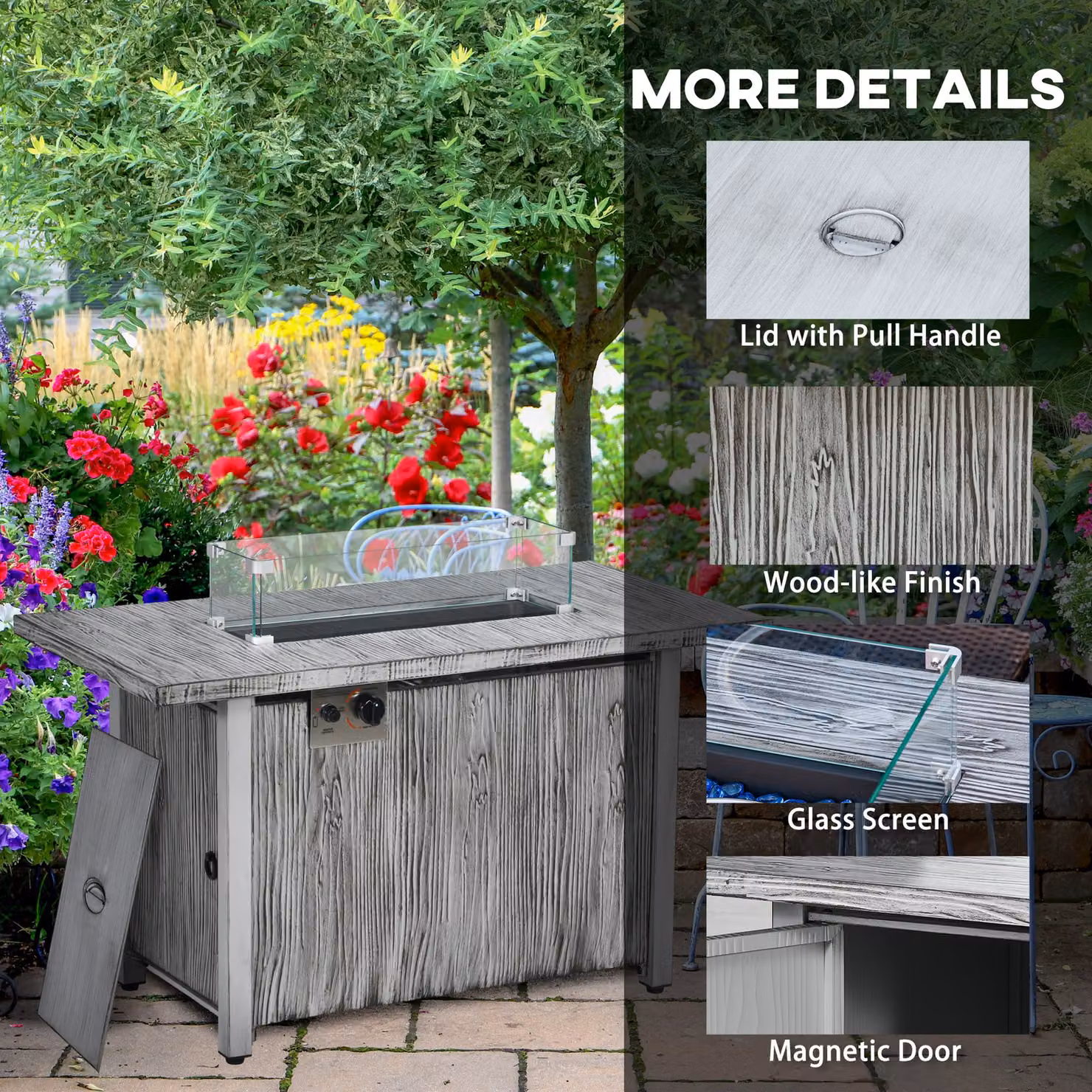 Outsunny 50,000 BTU Gas Fire Pit Table with Glass Screen, Glass Beads and Weather Cover, Grey – 6