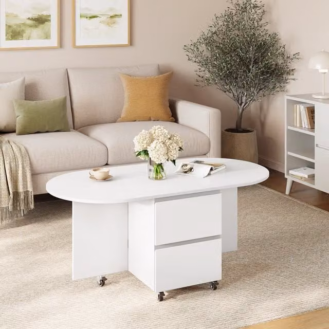 Yaheetech Expandable Oval Coffee Table with Storage and Castors, White