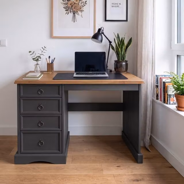 Mercers Furniture Corona Charcoal Grey Dressing Table Desk in Solid Waxed Mexican Pine