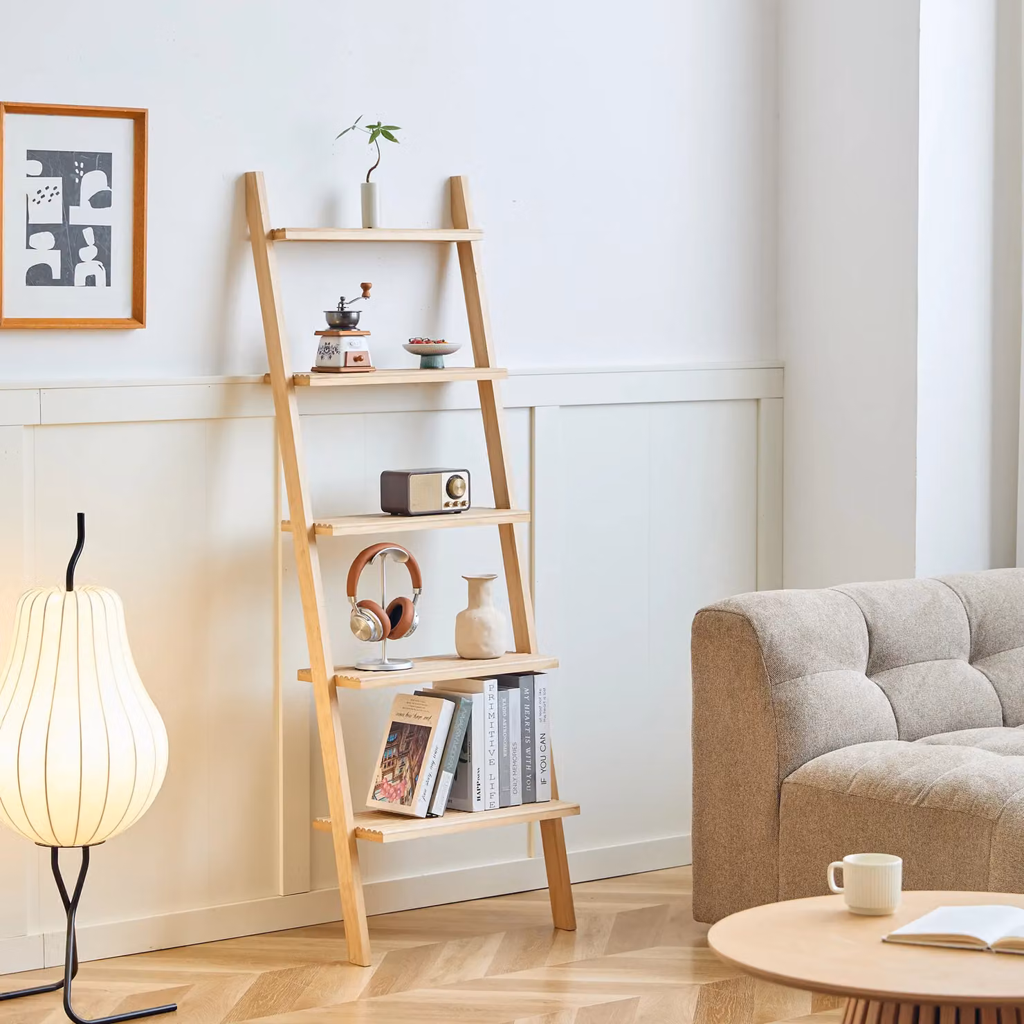 SMOGEN Nordlys Natural Solid Pine Wood Wall Mounted Ladder Shelf in Brown – 2