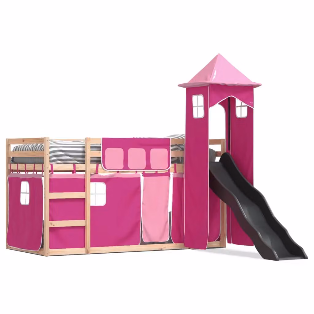 Berkfield Home Pink Solid Wood Childrens Bunk Bed with Slide and Curtains W: 80 cm, L: 200 cm – 2