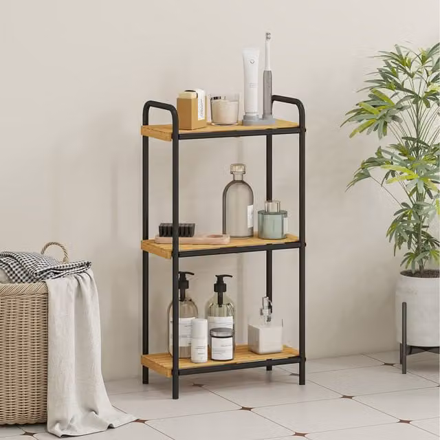 HOMCOM Black Lacquered Bamboo and Metal Freestanding Industrial Bathroom Shelving Unit