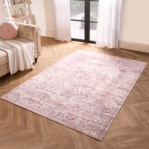 OHS Pink Vintage Print Washable Non-Slip Rug, W: 80 cm, L: 150 cm