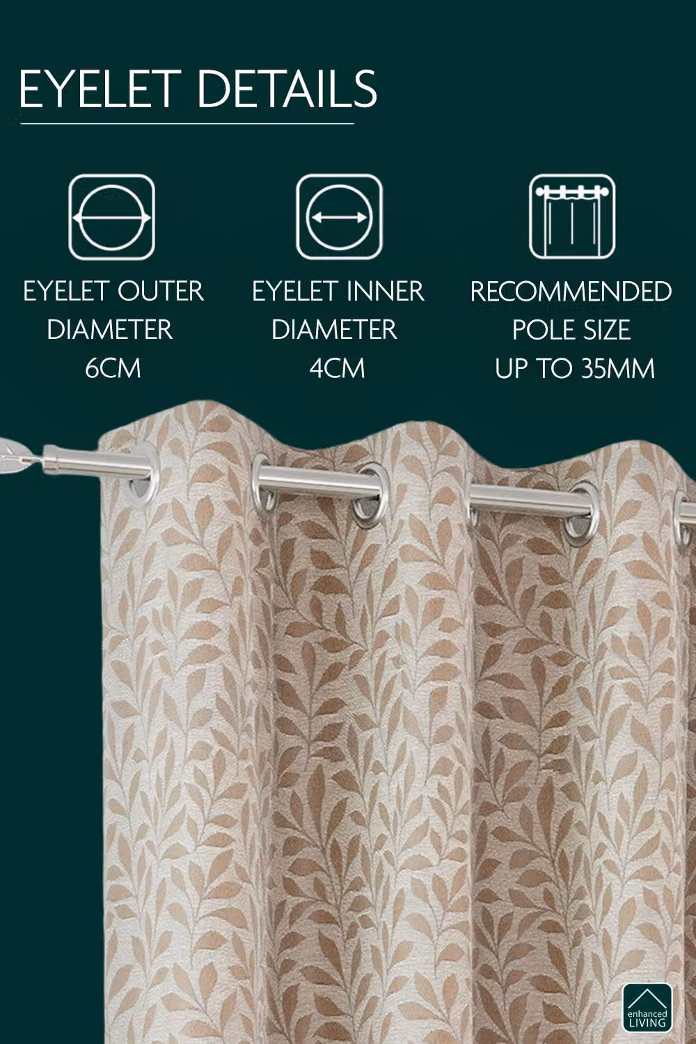 Enhanced Living Sherwood Beige Jacquard Leaf Design Blackout and Thermal Eyelet Curtains, Pair, Width: 117 cm, Drop: 137 cm – 2