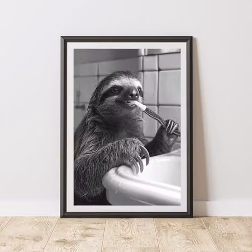 60 Second Makeover Sloth Brushing Teeth Animal Print Paper Poster, W: 21.0 cm, H: 29.7 cm