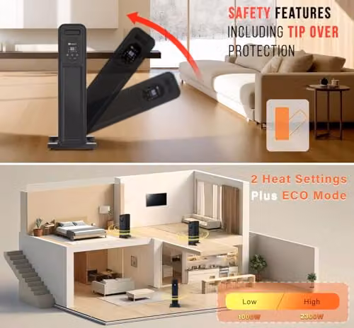 PureMate 2300W Oil Filled Radiator with Remote Control, Black, Freestanding – 4