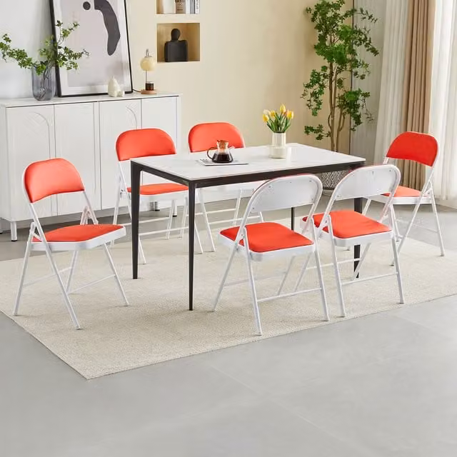 MCC Direct Set of 6 Red Folding Dining Chairs with Metal Frame and Padded Synthetic Leather Seats
