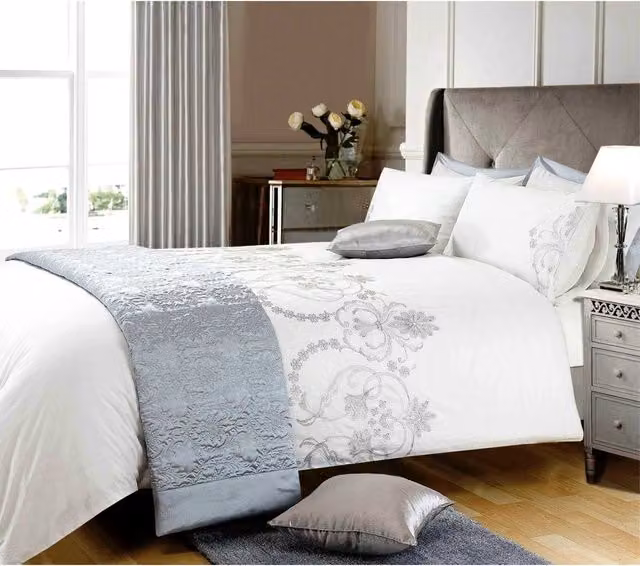 Sweet Dreams White and Silver Floral Percale Duvet Cover and Pillowcase Set