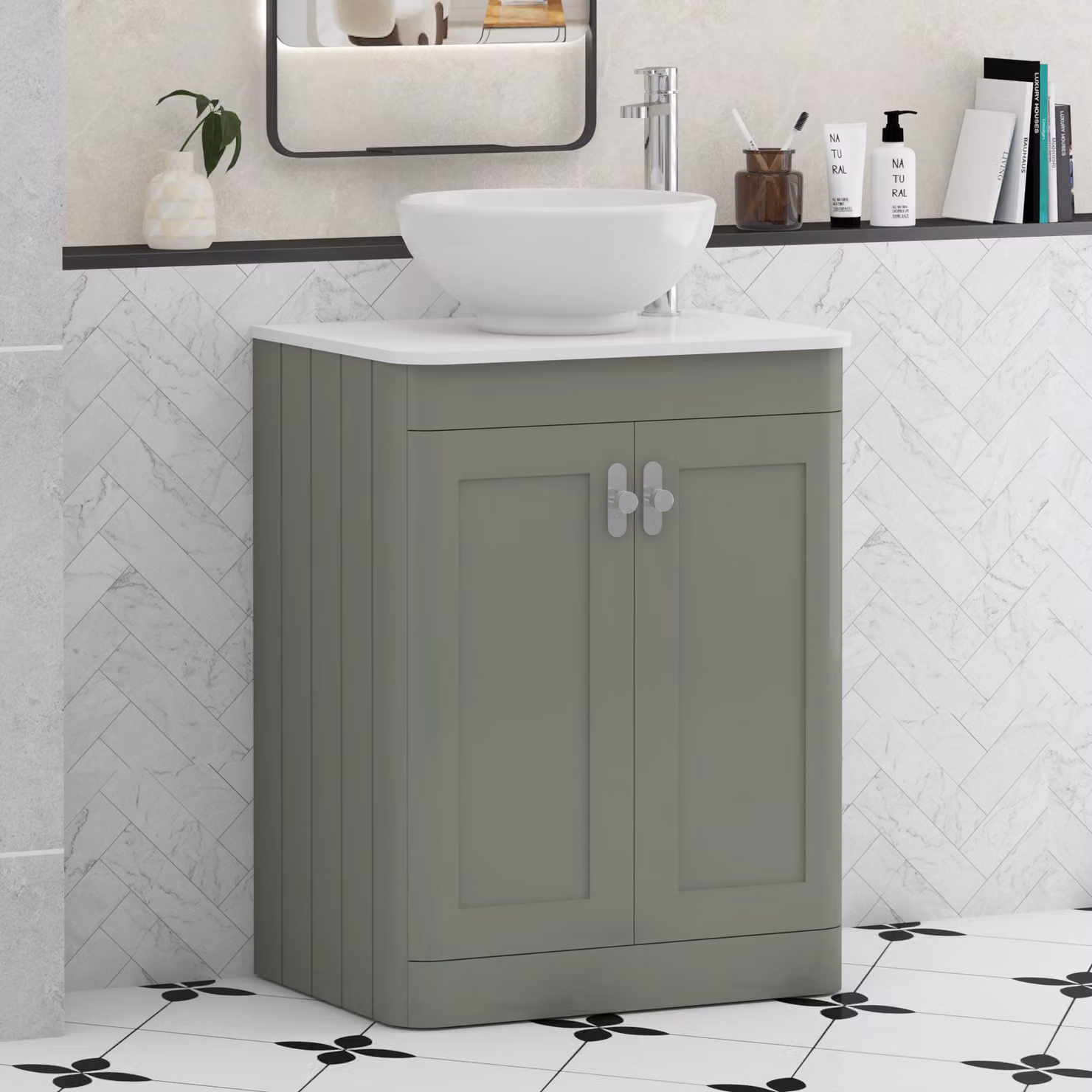 Royal Bathrooms Henley 600mm Sage Green Floor Standing 2 Door Vanity Unit with Plain White Worktop, Breeze Basin and Chrome Knob